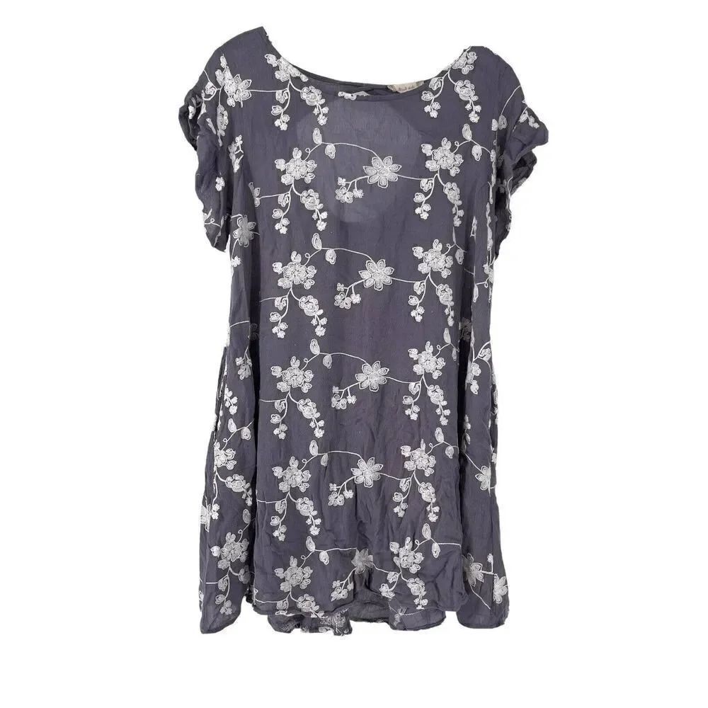 Altard State Mini Dress Blue Floral Embroidered Ruffle Sleeve Keyhole Size Small